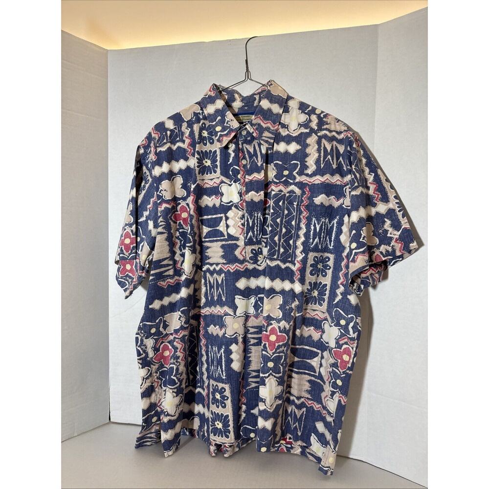 Reyn Spooner Hawaiian Shirt Phil Edwards Blue Tropical Flower XL Half Buttonup